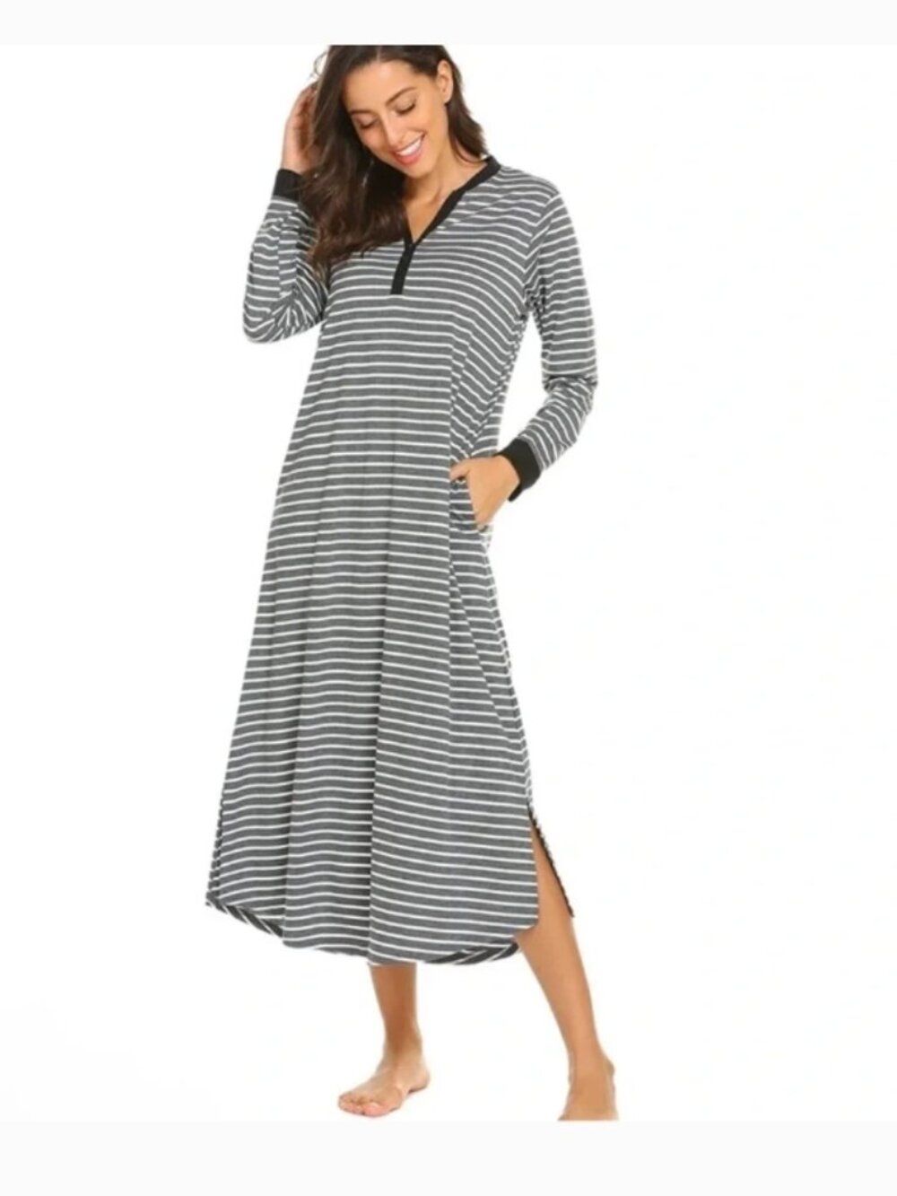 Striped Lounging long Sleeve Night Dress Pajamas in Gray & White Size XXL - NWT